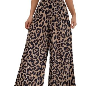 Women's Leopard Print Elastic High Waist Wide Leg Pants Casual Pants